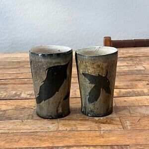 Art Studio Pottery Handmade Tumblers 4.75" Leaf Motif Pattern